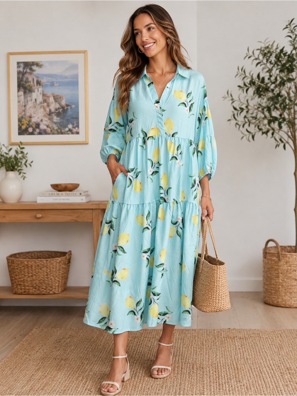 1X SHEIN Curve Light Blue Lemon Print Tiered Maxi Dress 1XL